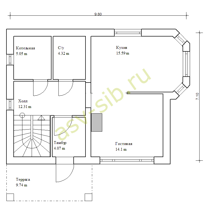 План первого этаж дома из теплоэффективных блоков по проекту П-113